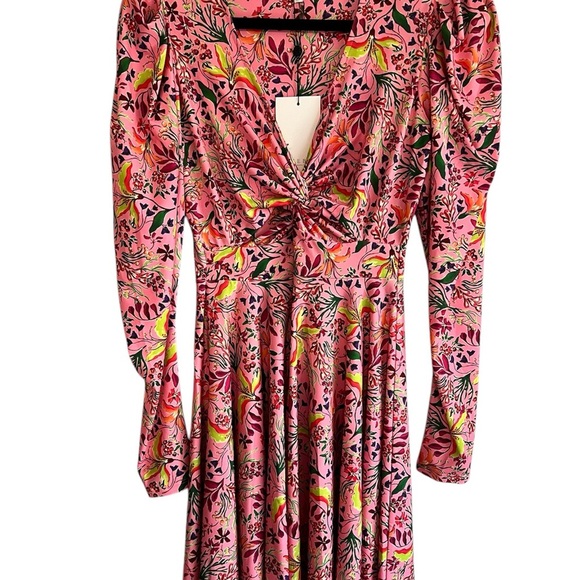 Hale Bob Spring Dress Pink Floral 'Manila Jersey' Twist Front Balloon Sleeve NWT - Picture 3 of 15